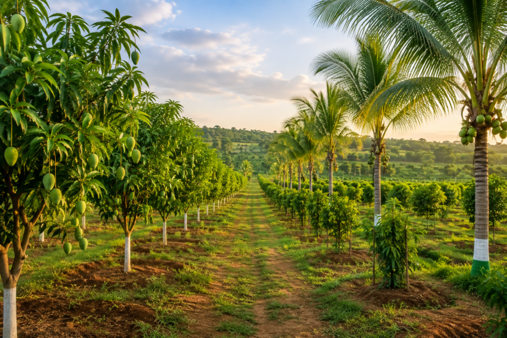 Mango and coconut mahogany plantations at a farmland project in Narayankhed
